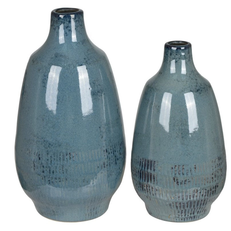 Set of 2 Blue Ceramic Vases 6/7"W x 10.5/13"H
