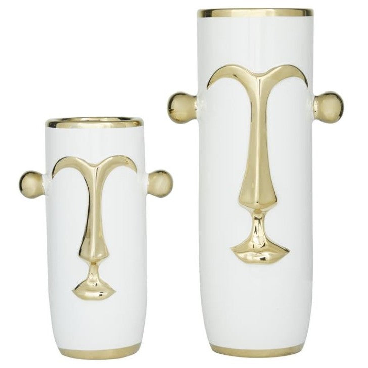 Set of 2 White and Gold Ceramic Face Vases 11/16"H