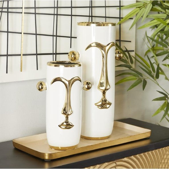Set of 2 White and Gold Ceramic Face Vases 11/16"H
