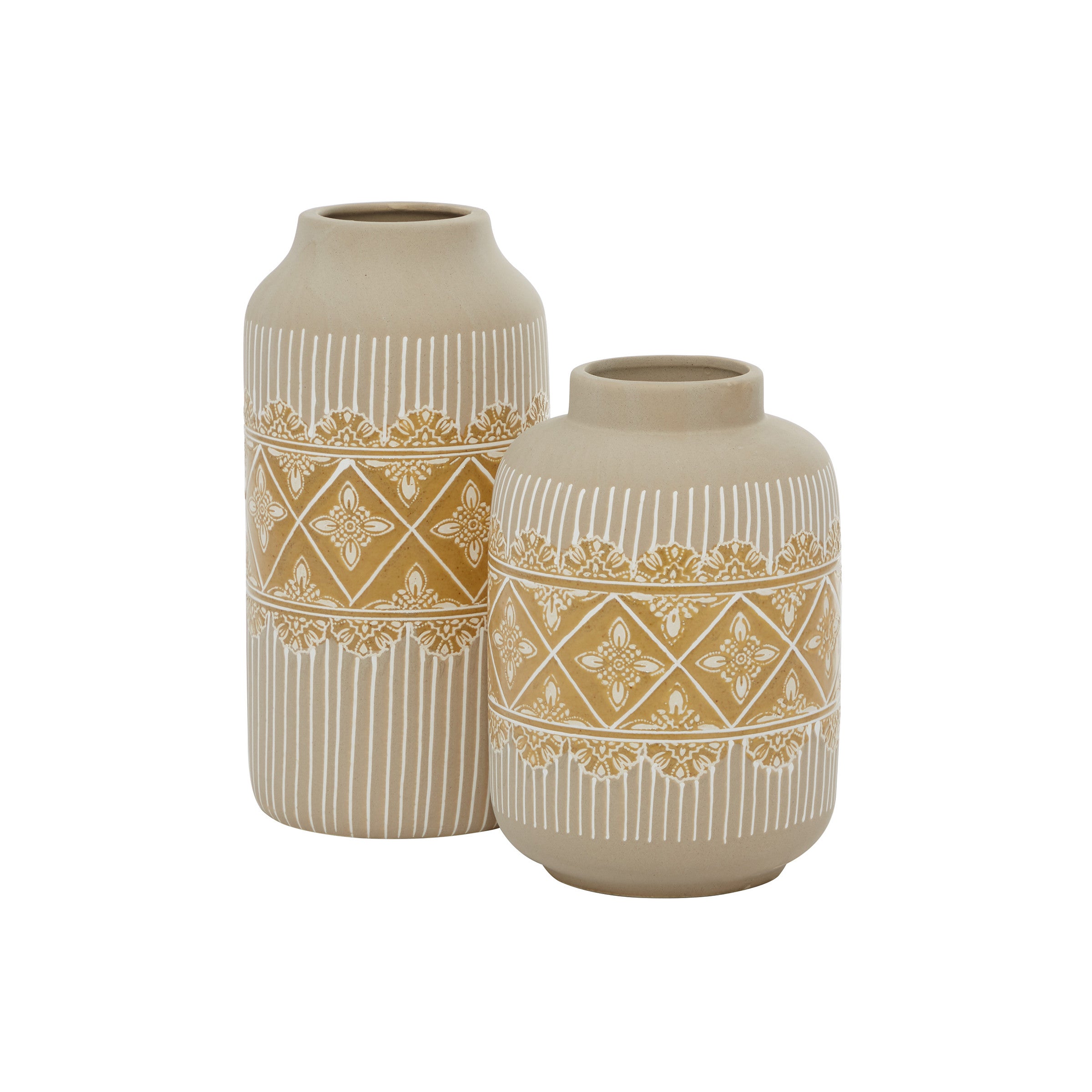Set of 2 Beige and Yellow Ceramic Vases 9/11"H