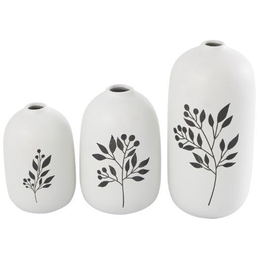 Set of 3 White and Black Leaf Ceramic Vases 6/7/10"H