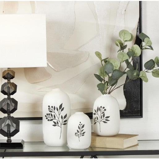 Set of 3 White and Black Leaf Ceramic Vases 6/7/10"H
