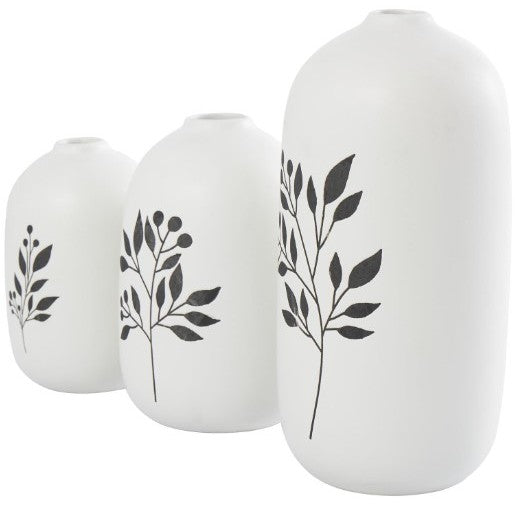 Set of 3 White and Black Leaf Ceramic Vases 6/7/10"H