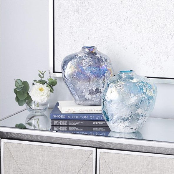Set of 2 Blue Glass Vases 8/9"H