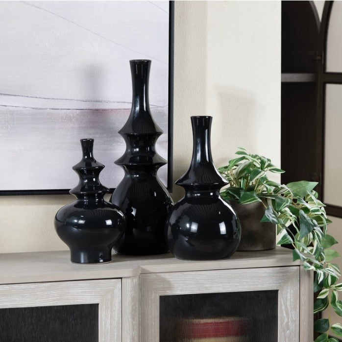 Set of 3 Black Ceramic Vases 12/14.5/20"H