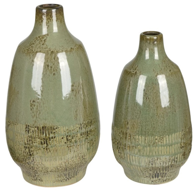 Set of 2 Green Ceramic Vases 6/7"W x 10.5/13"H
