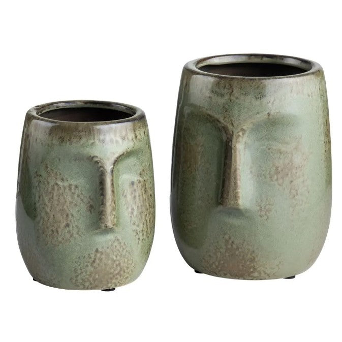 Set of 2 Green Ceramic Face Vases 5/7"H
