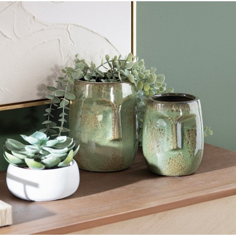 Set of 2 Green Ceramic Face Vases 5/7"H