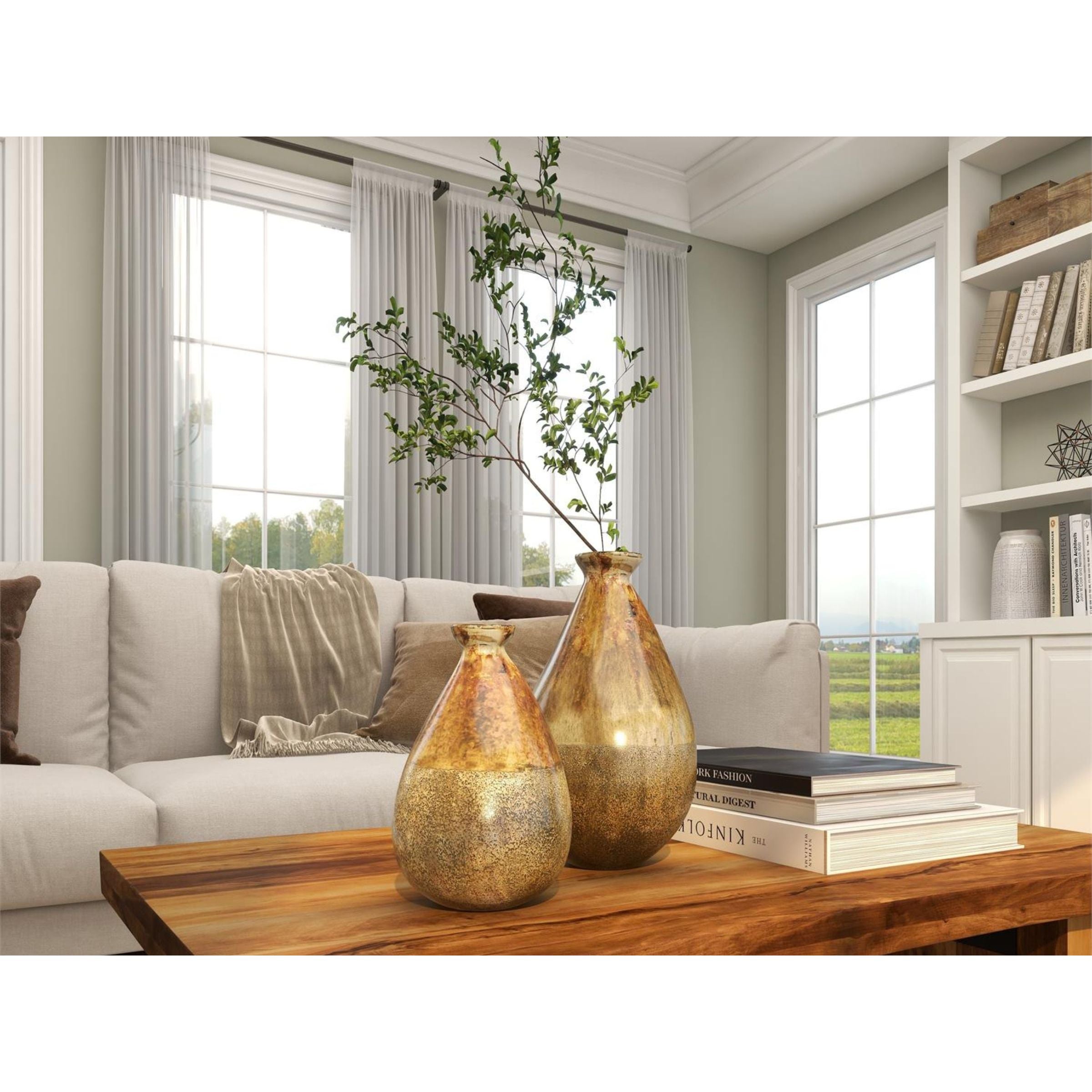 Set of 2 Gold Glass Vases 9/12"H