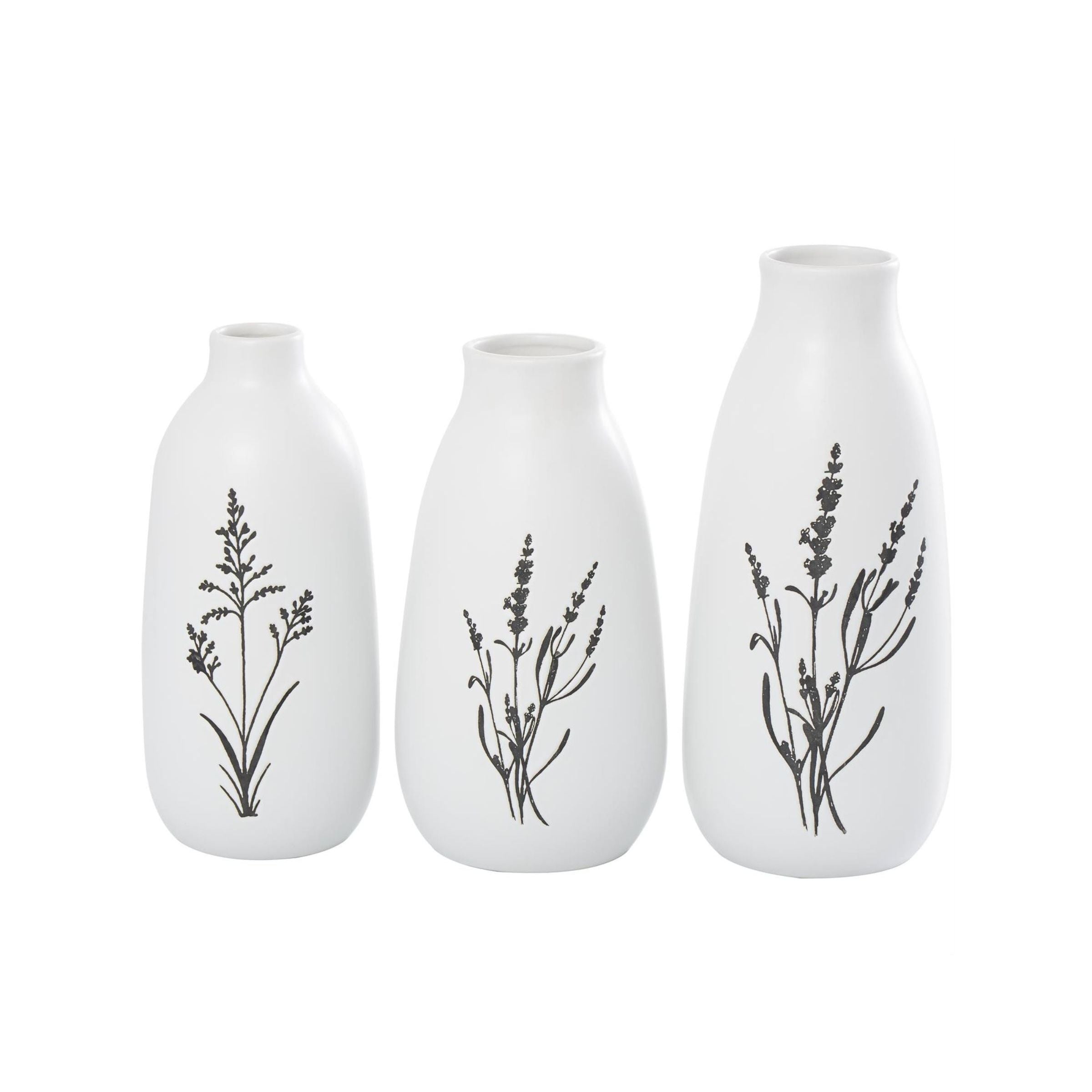 Set of 3 White with Black Flowers Ceramic Vases 11/12/13"H