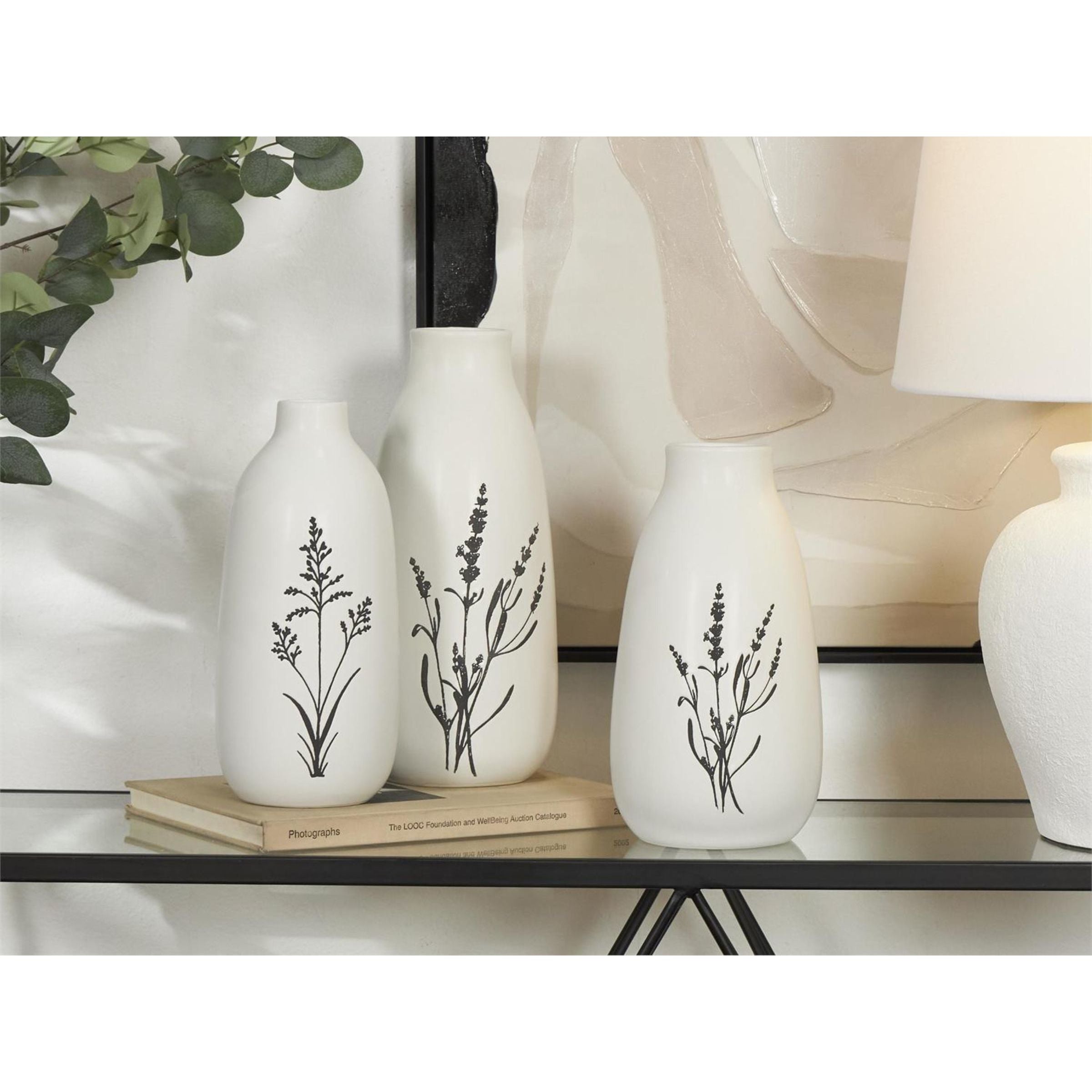 Set of 3 White with Black Flowers Ceramic Vases 11/12/13"H