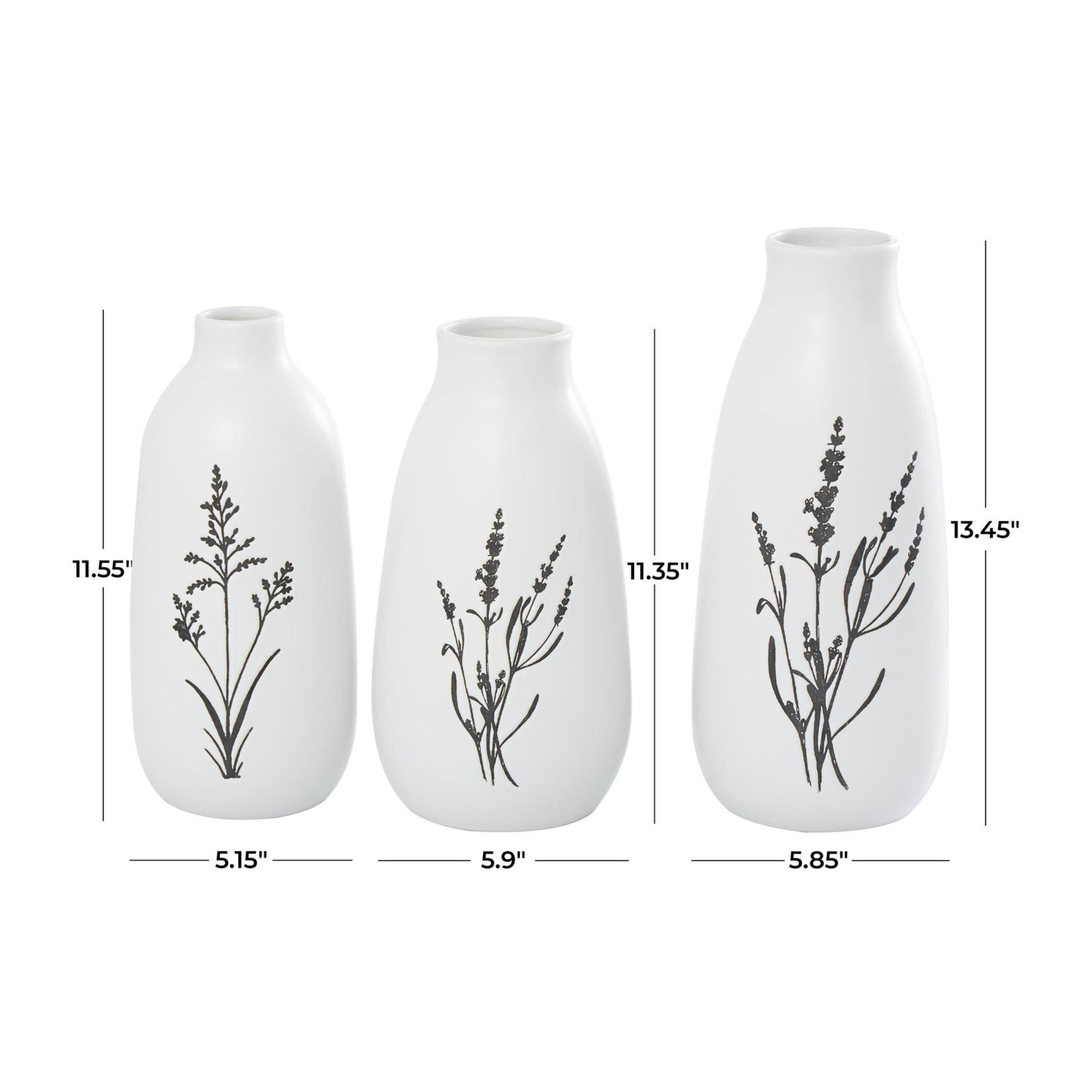 Set of 3 White with Black Flowers Ceramic Vases 11/12/13"H