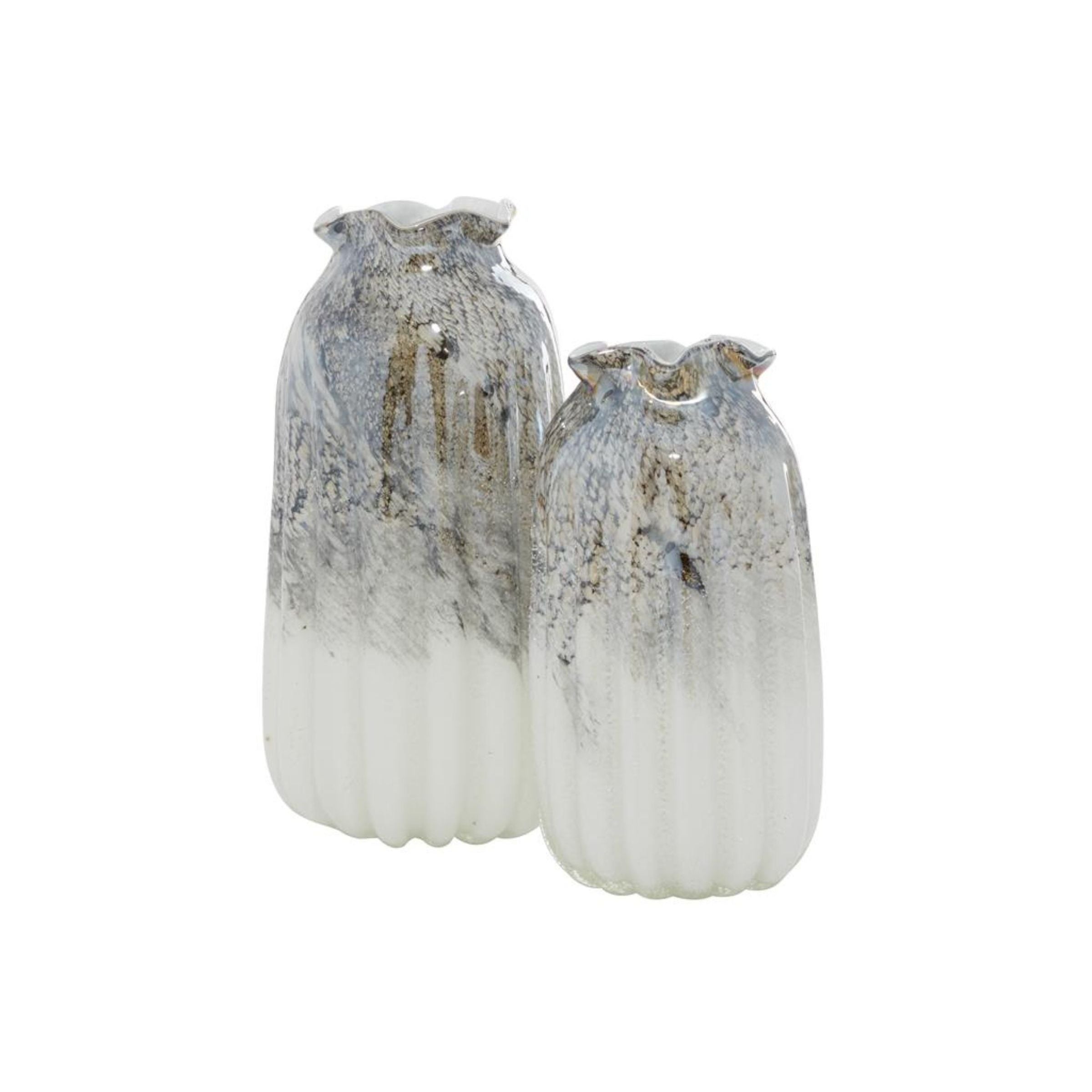 Set of 2 White and Grey Glass Vases 5"W x 10/12"H
