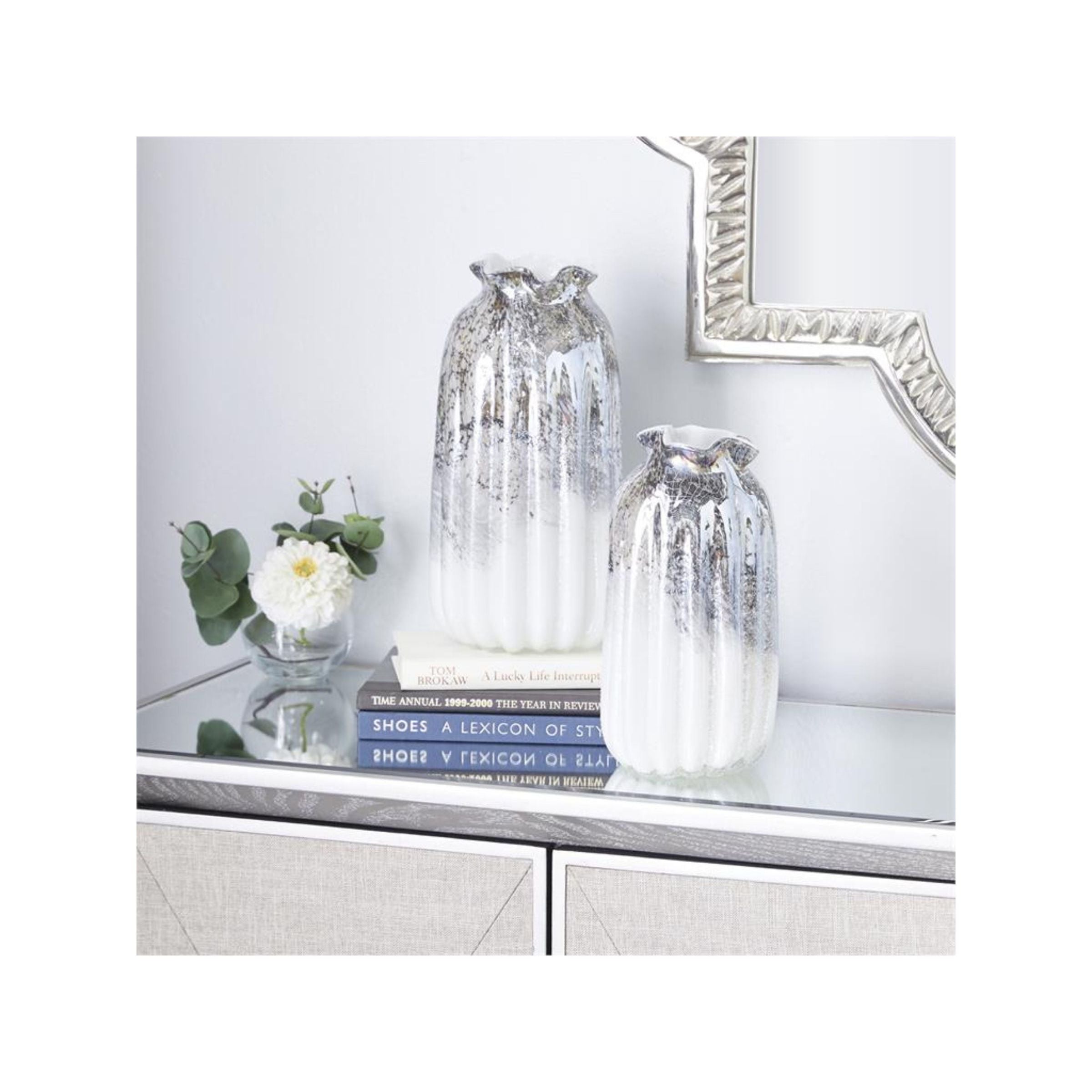 Set of 2 White and Grey Glass Vases 5"W x 10/12"H