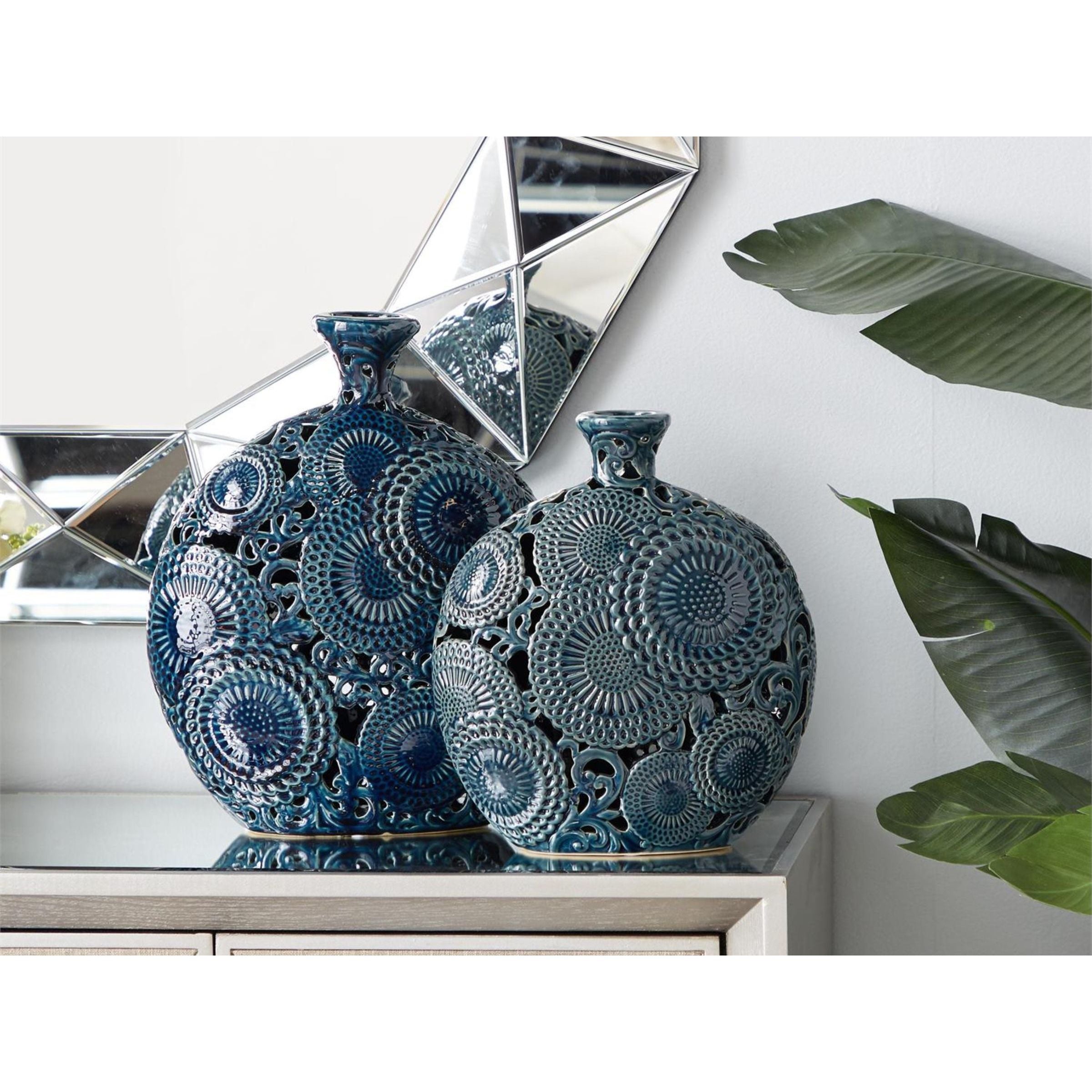 Set of 2 Blue Ceramic Cut Out Vases 13/16"H