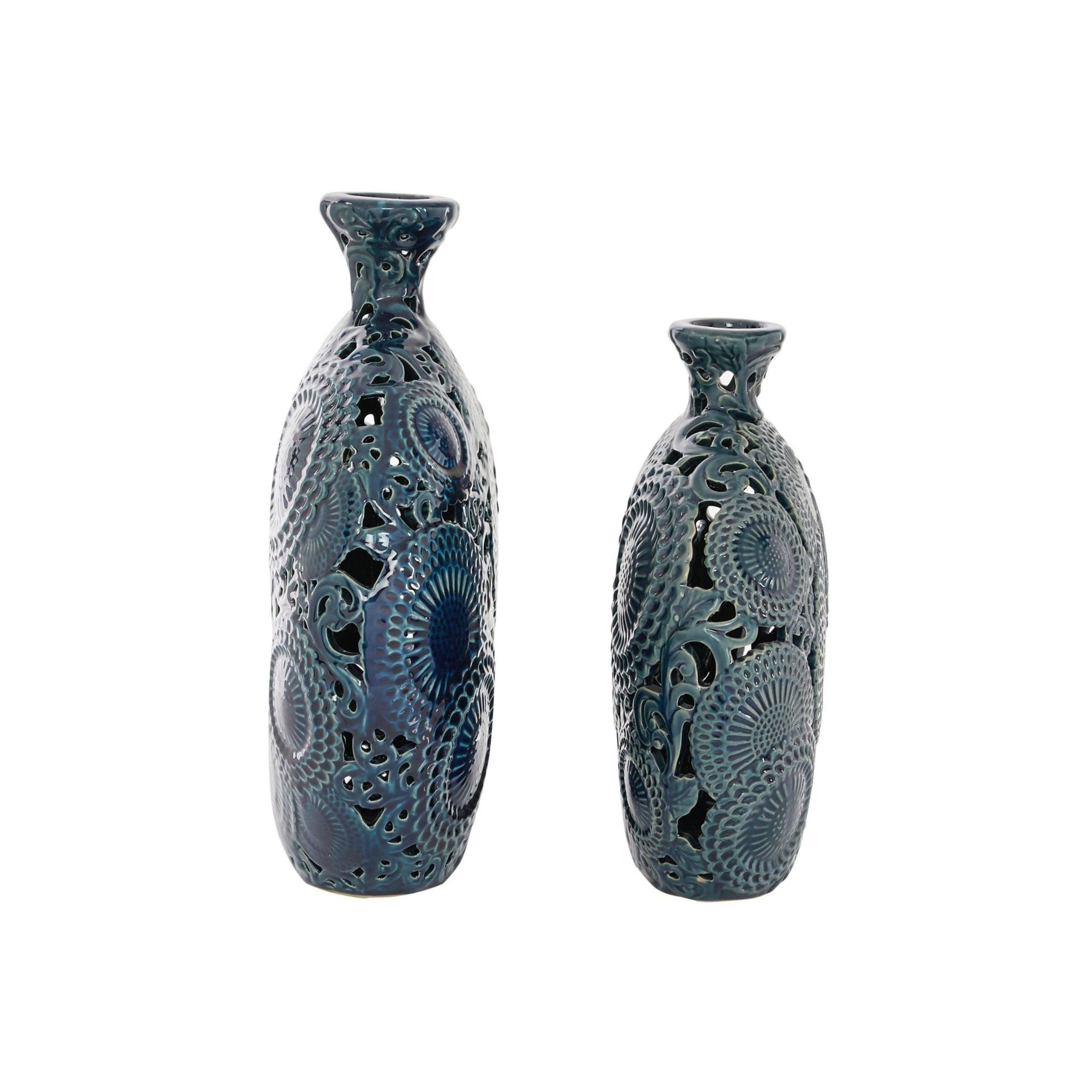 Set of 2 Blue Ceramic Cut Out Vases 13/16"H