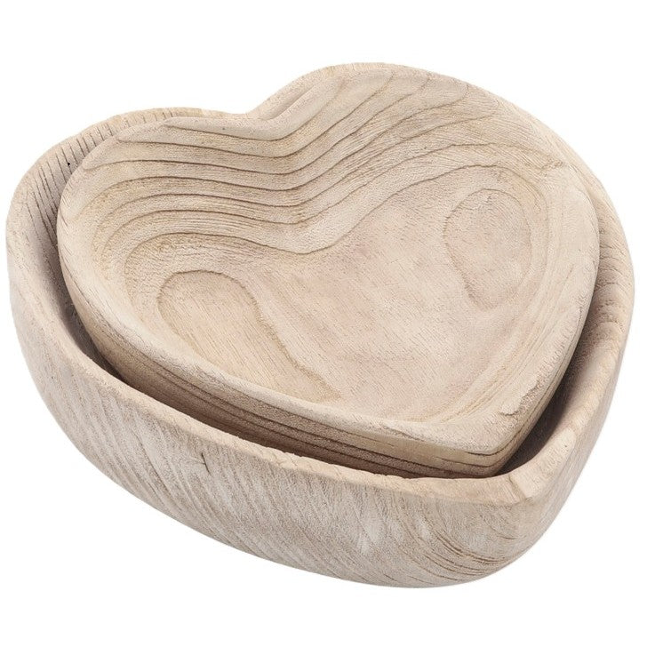 Set of 2 Natural Wood Heart Bowls 9/10"