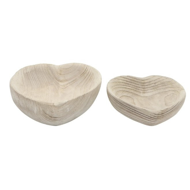Set of 2 Natural Wood Heart Bowls 9/10"