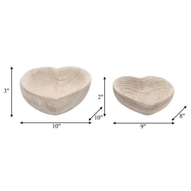 Set of 2 Natural Wood Heart Bowls 9/10"