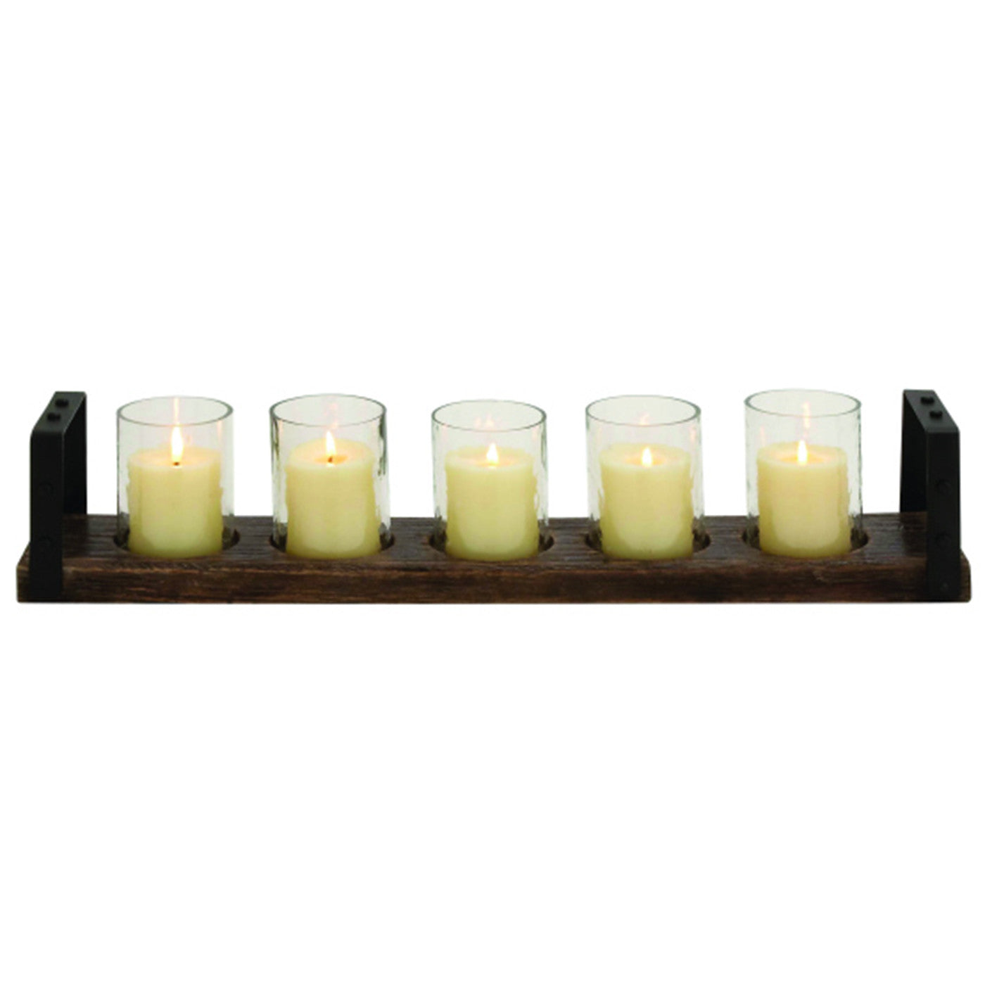 Five Glass Candleholders In Wood Tray 28"W x 5"H