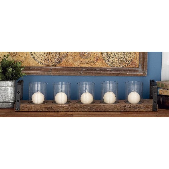 Five Glass Candleholders In Wood Tray 28"W x 5"H