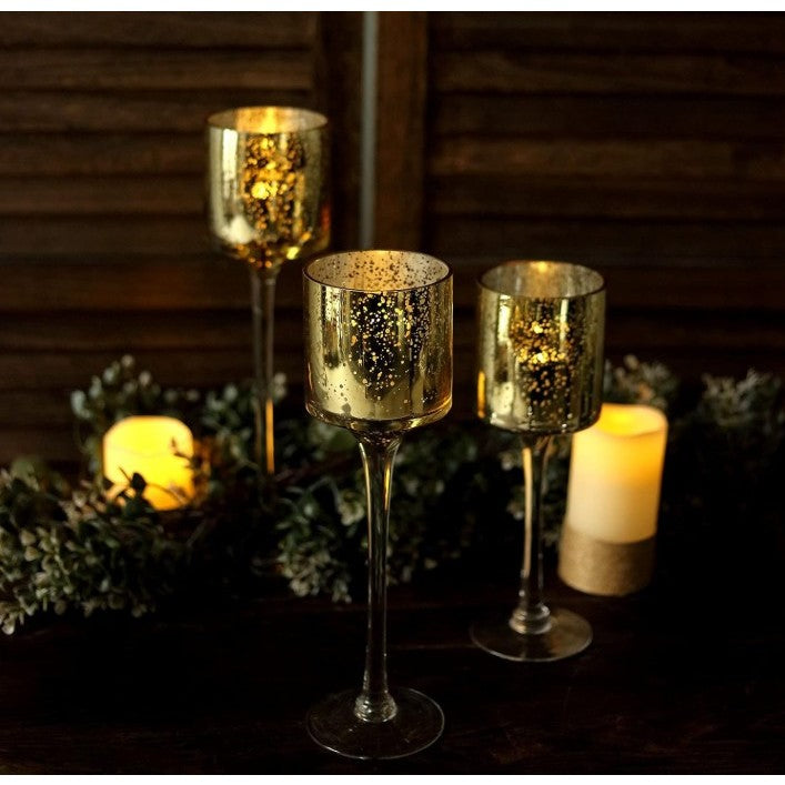 Set of 3 Gold Mercury Glass Candleholders 12/14/15.5"H