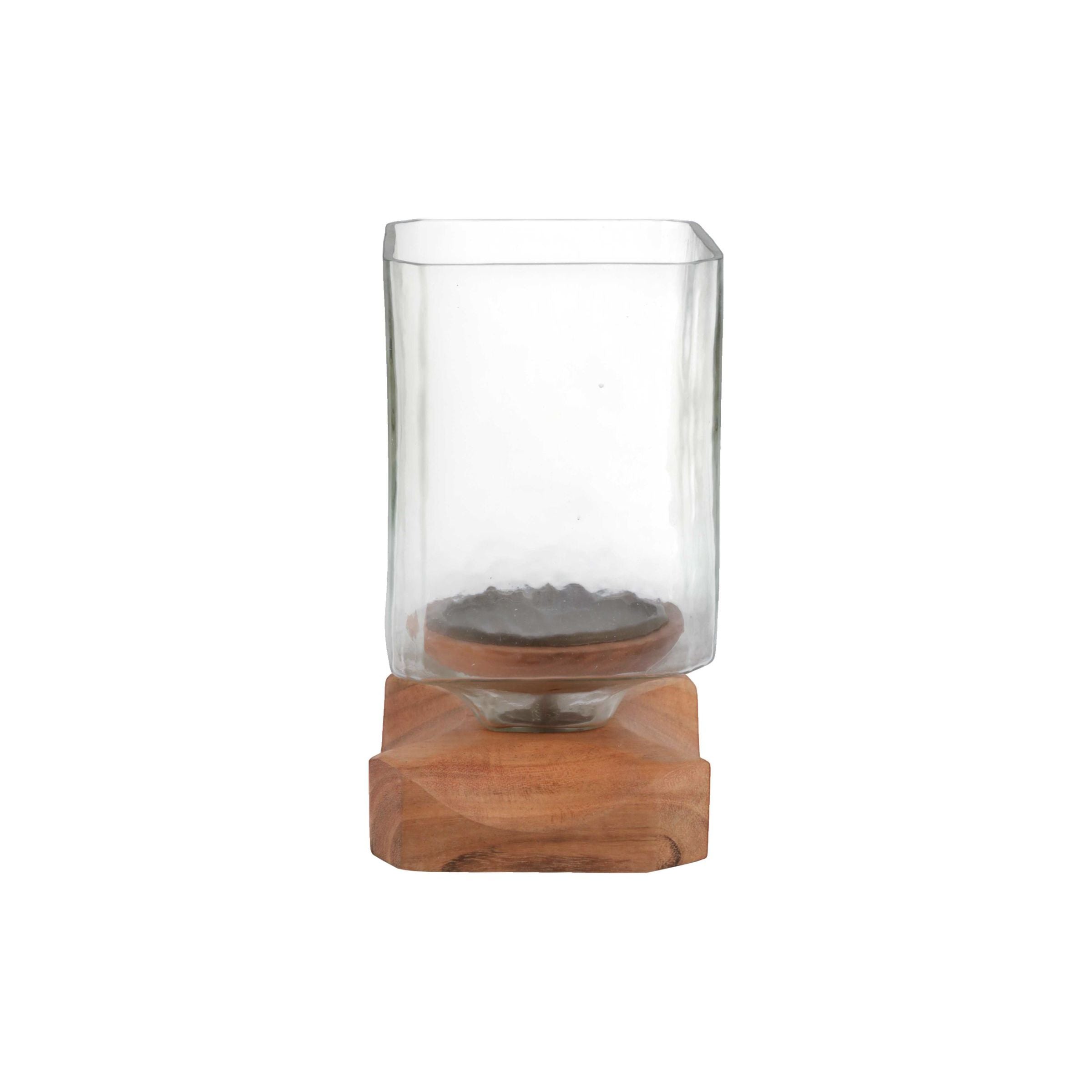 Short Wood and Glass Hurricane 5"W x 9"H