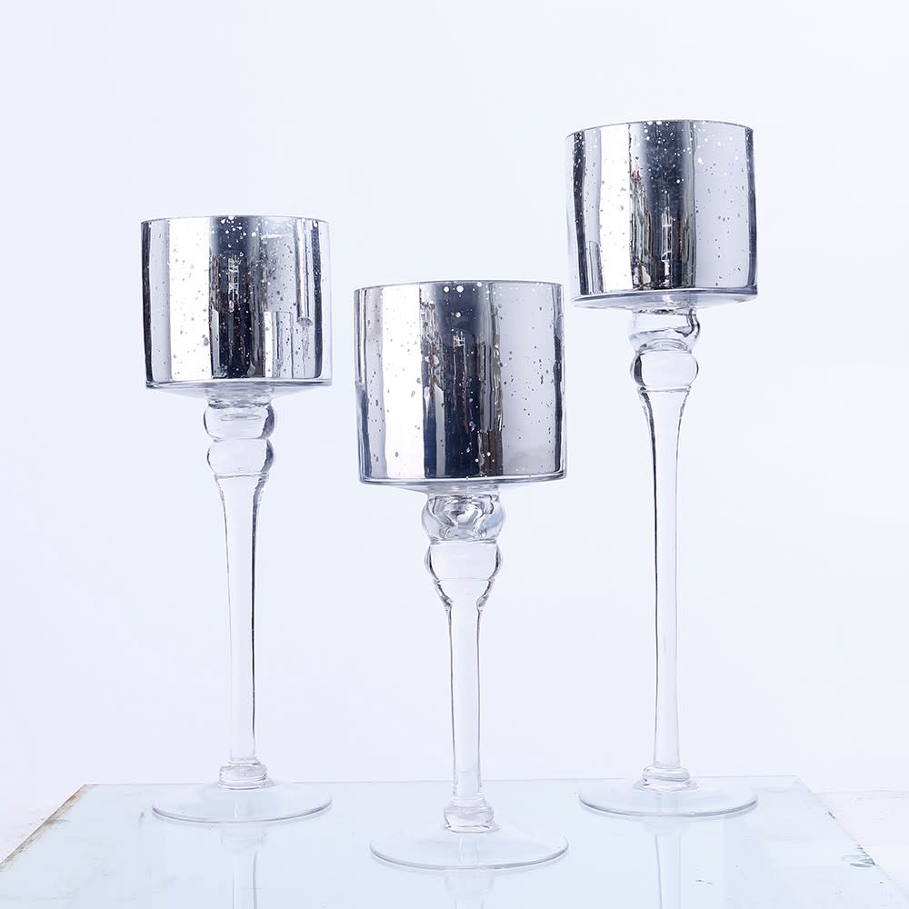 Set of 3 Silver Mercury Glass Candleholders 12/14/15.5"H