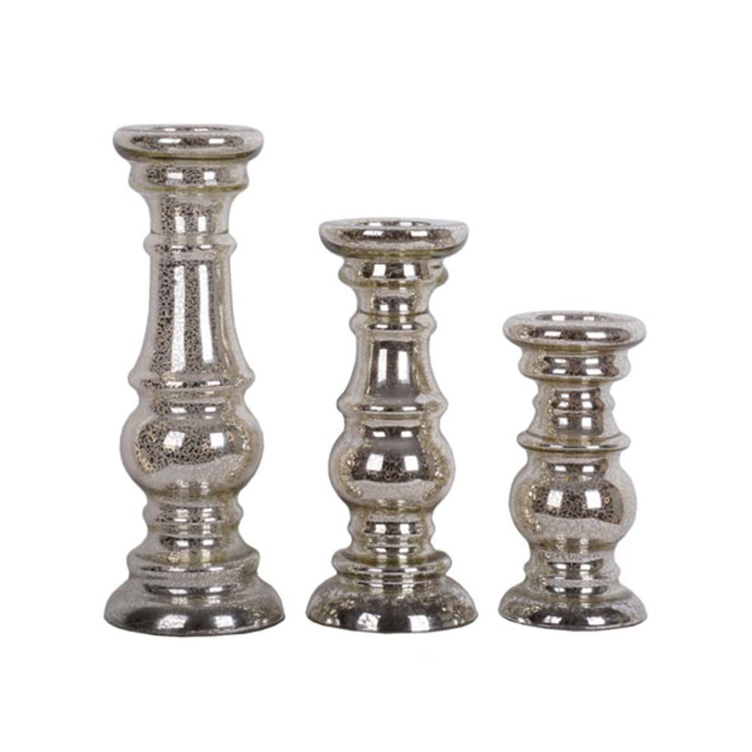 Set of 3 Mercury Glass Candleholders 9.5/12.5/15.5"H
