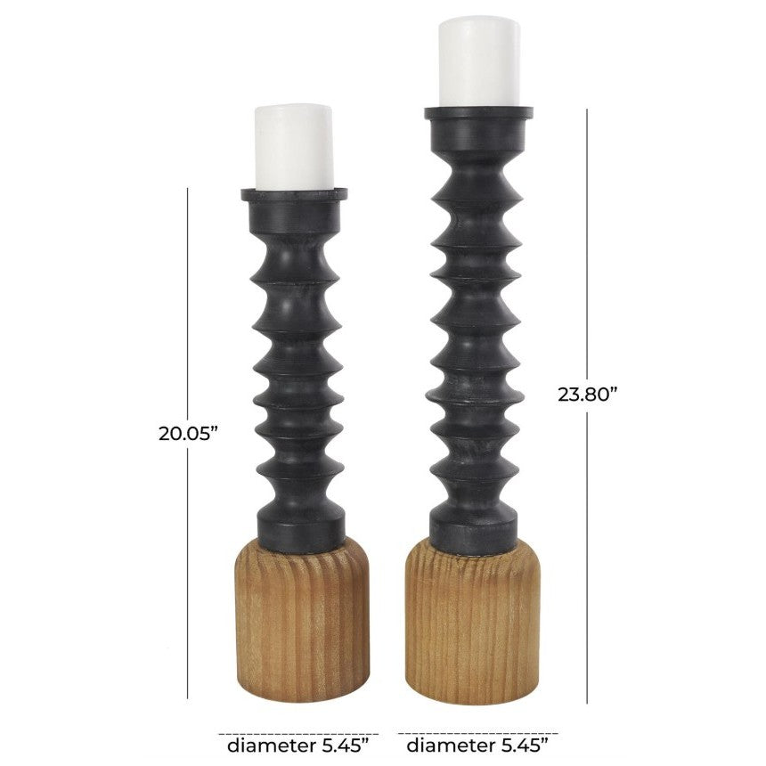 Set of 2 Black Metal Candleholders with Wood Bases 5.5"W x 20"/23"H