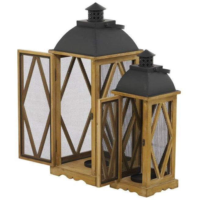 Set of 2 Metal and Wood Lanterns 21"/28"H