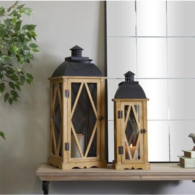 Set of 2 Metal and Wood Lanterns 21"/28"H