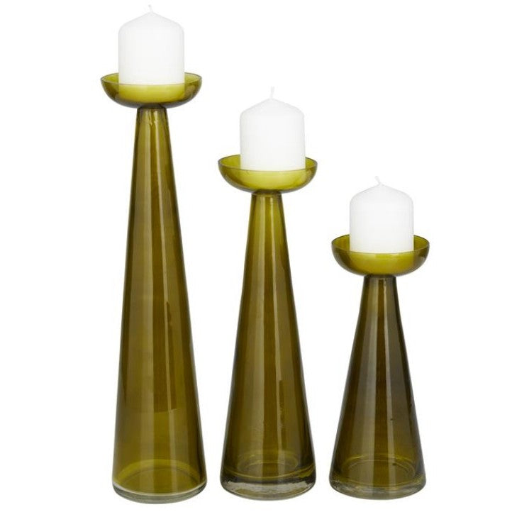 Set of 3 Green Glass Candleholders 10/12/15"H