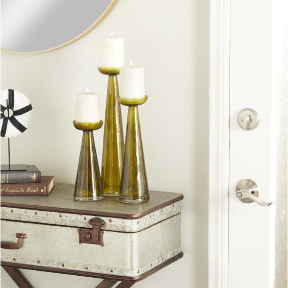 Set of 3 Green Glass Candleholders 10/12/15"H