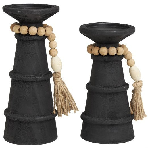 Set of 2 Black Wood Candleholders With Beads 8"/10"H