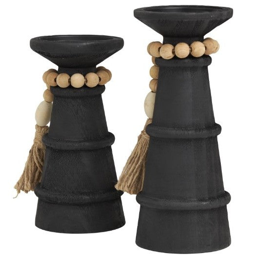 Set of 2 Black Wood Candleholders With Beads 8"/10"H