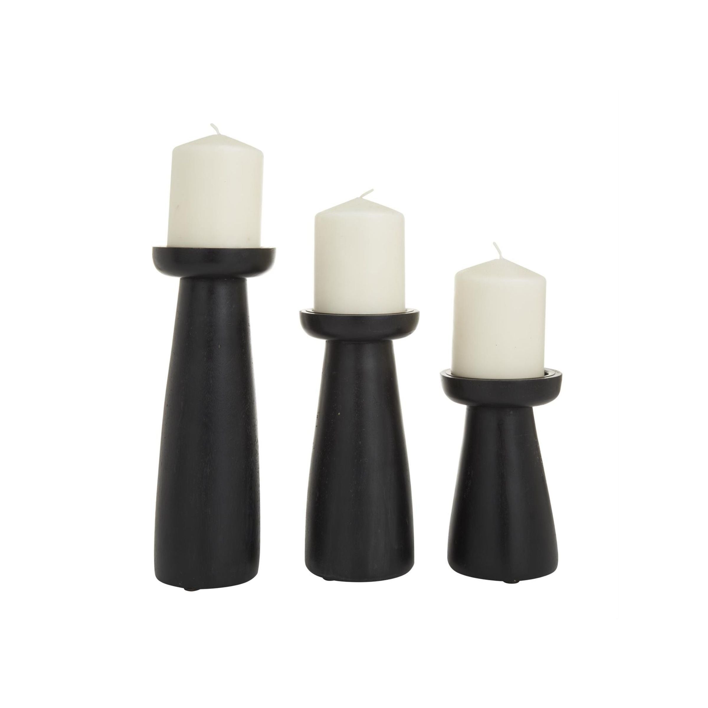 Set of 3 Black Wood Candleholders 4"W x 6/8/10"H