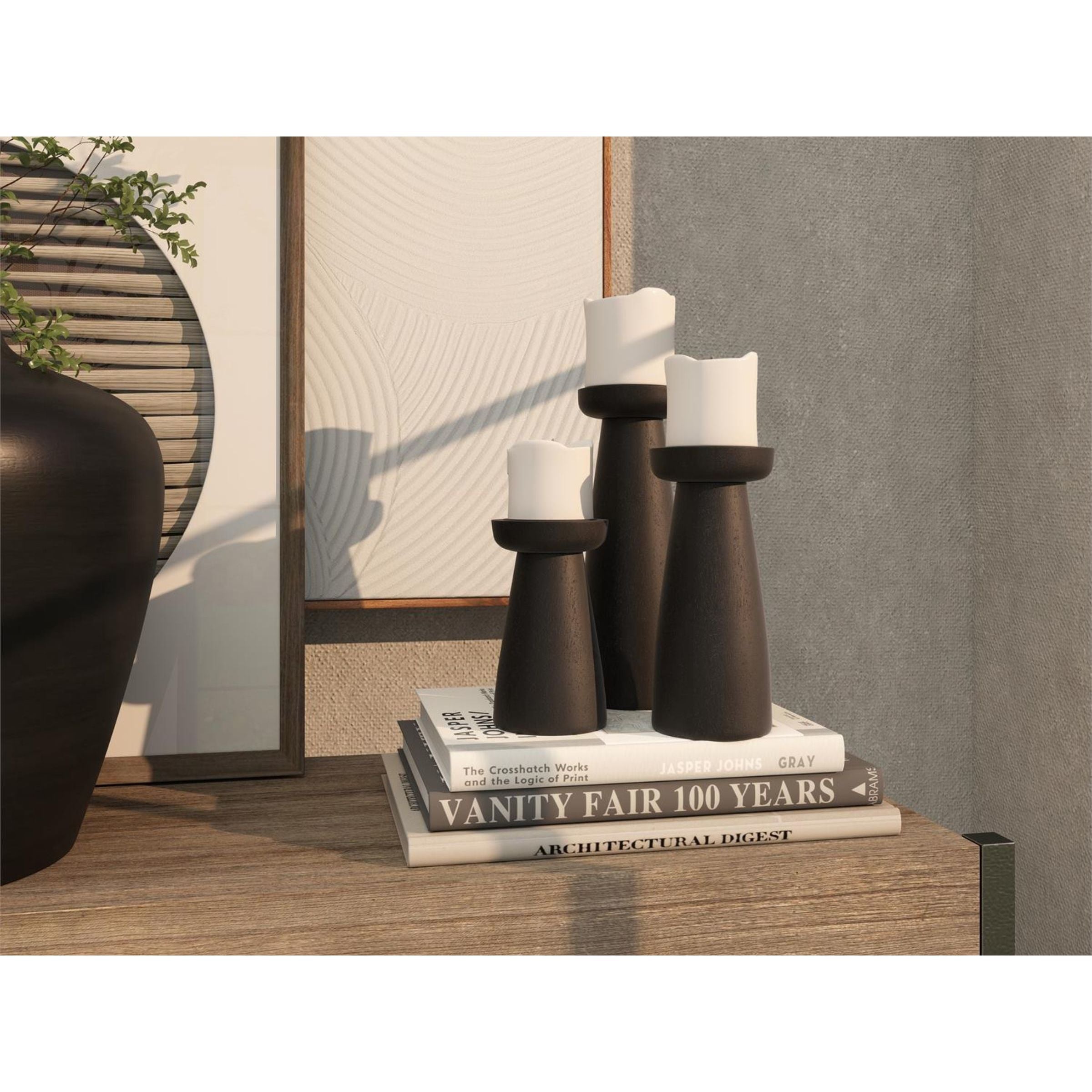 Set of 3 Black Wood Candleholders 4"W x 6/8/10"H