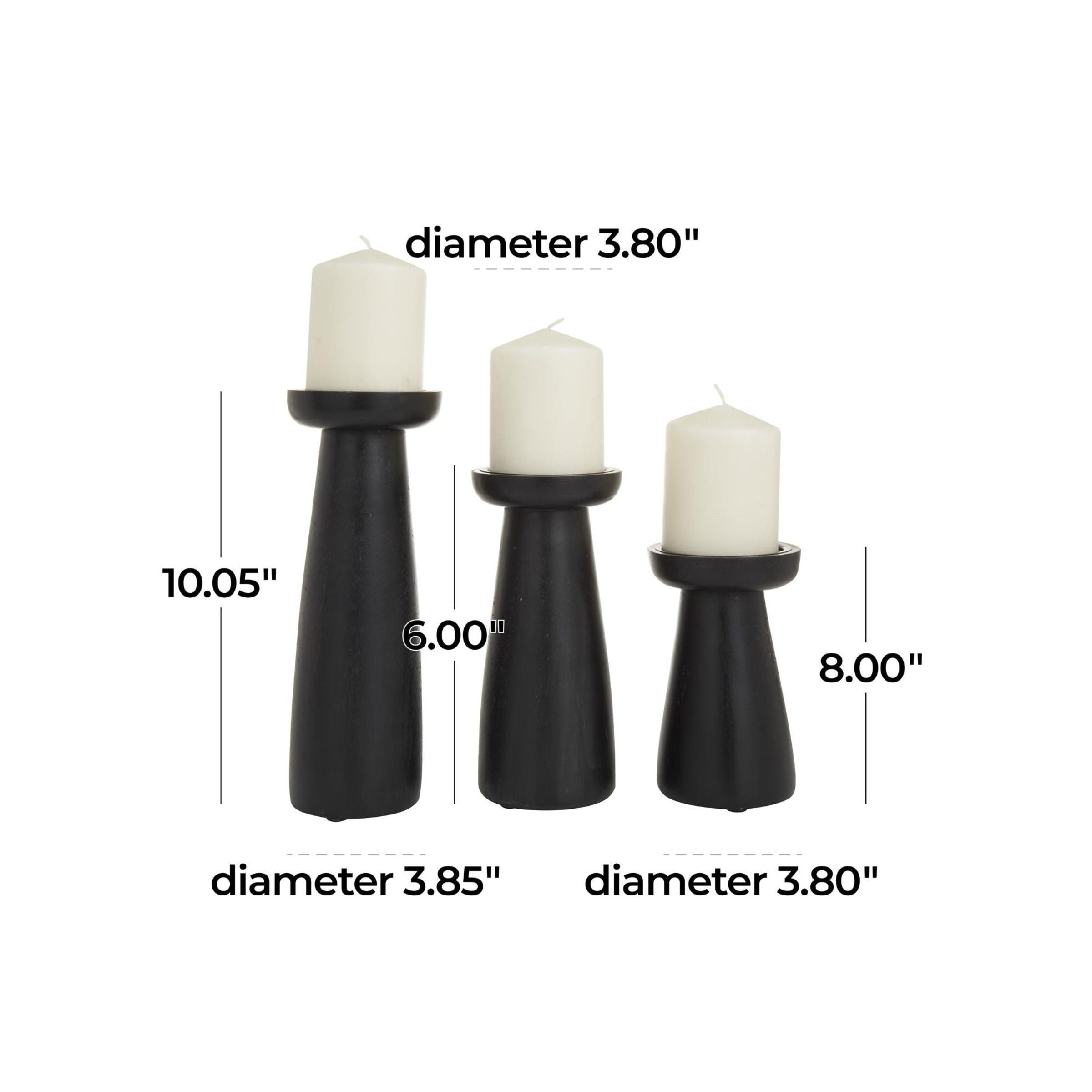 Set of 3 Black Wood Candleholders 4"W x 6/8/10"H