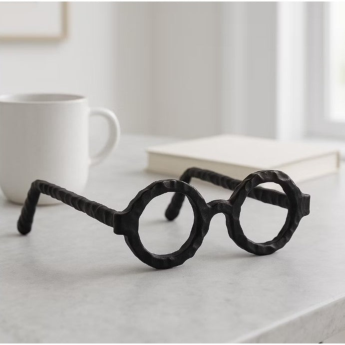 Black Metal Round Eyeglasses Sculpture 7.5"W x 3"H