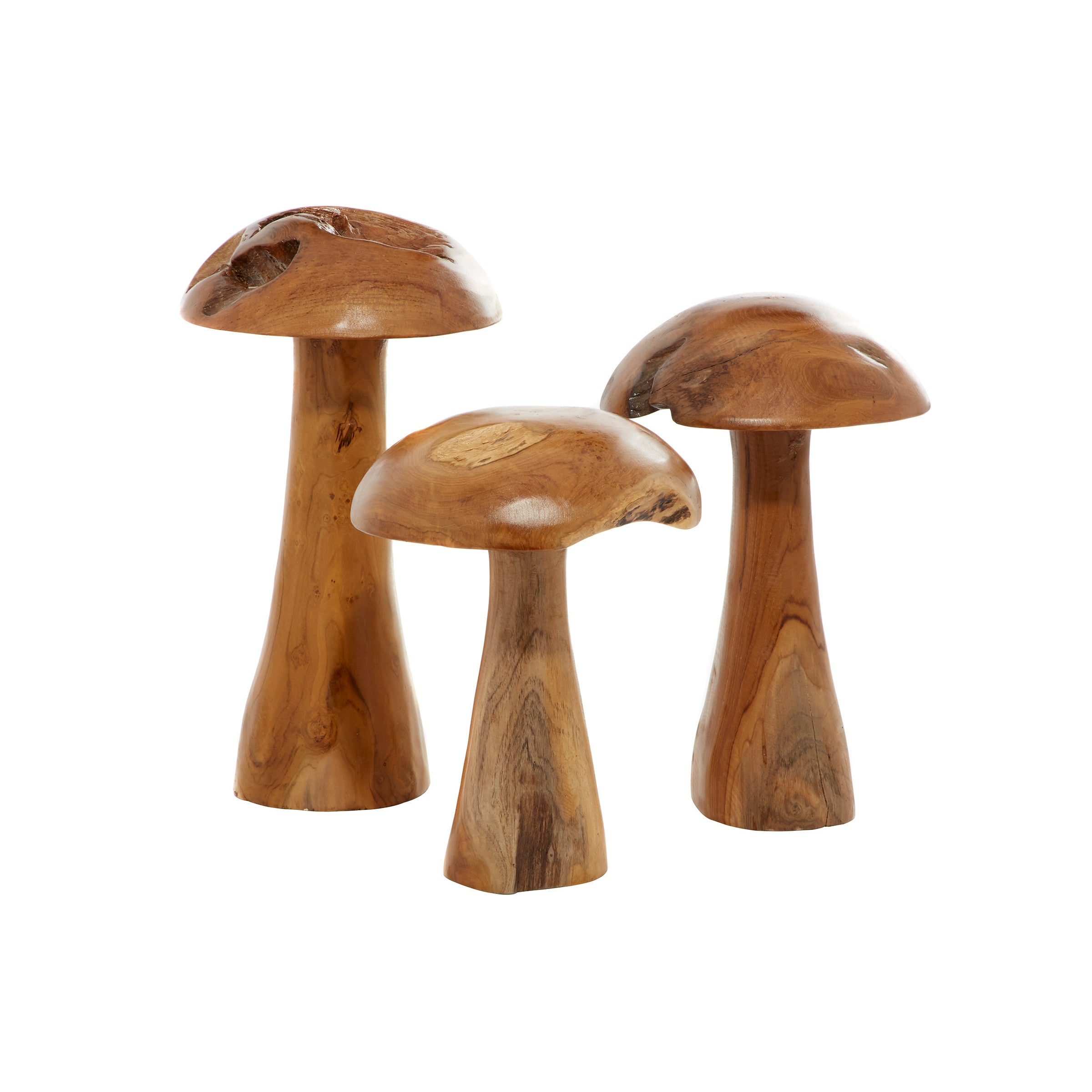 Set of 3 Teak Mushroom Sculptures 12/14/16"H