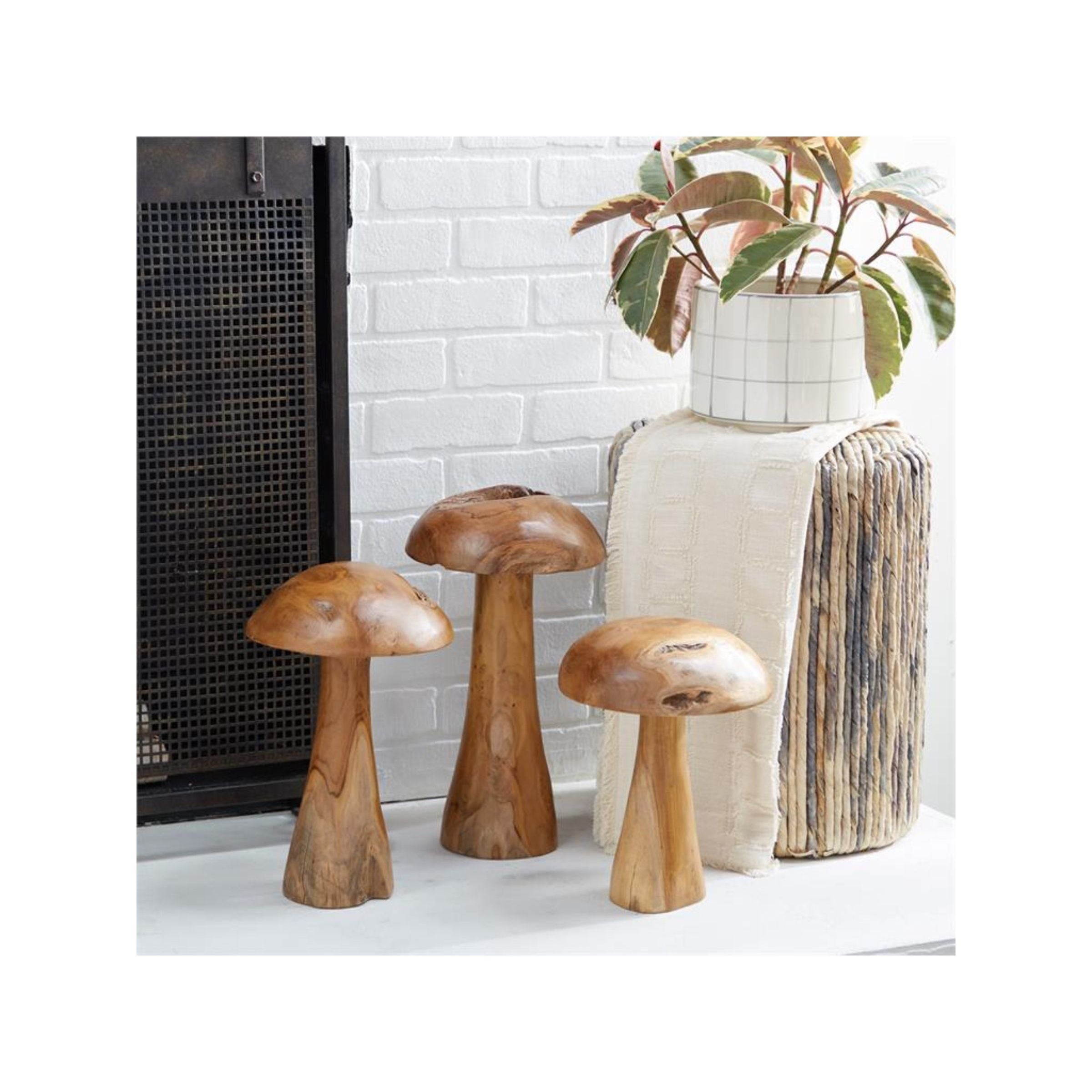 Set of 3 Teak Mushroom Sculptures 12/14/16"H