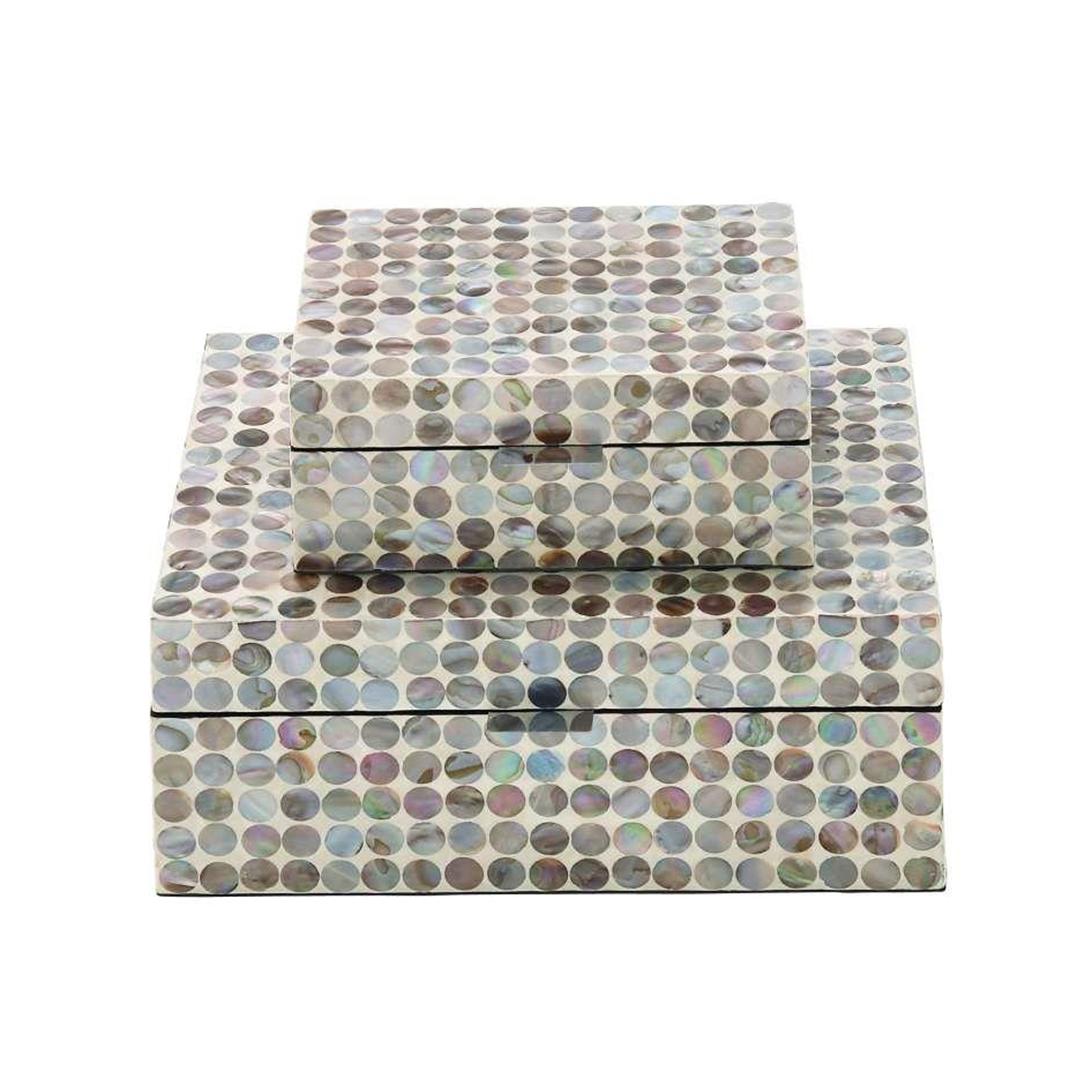 Set of 2 Wood Mother of Pearl Circle Inlay Boxes 8/12"