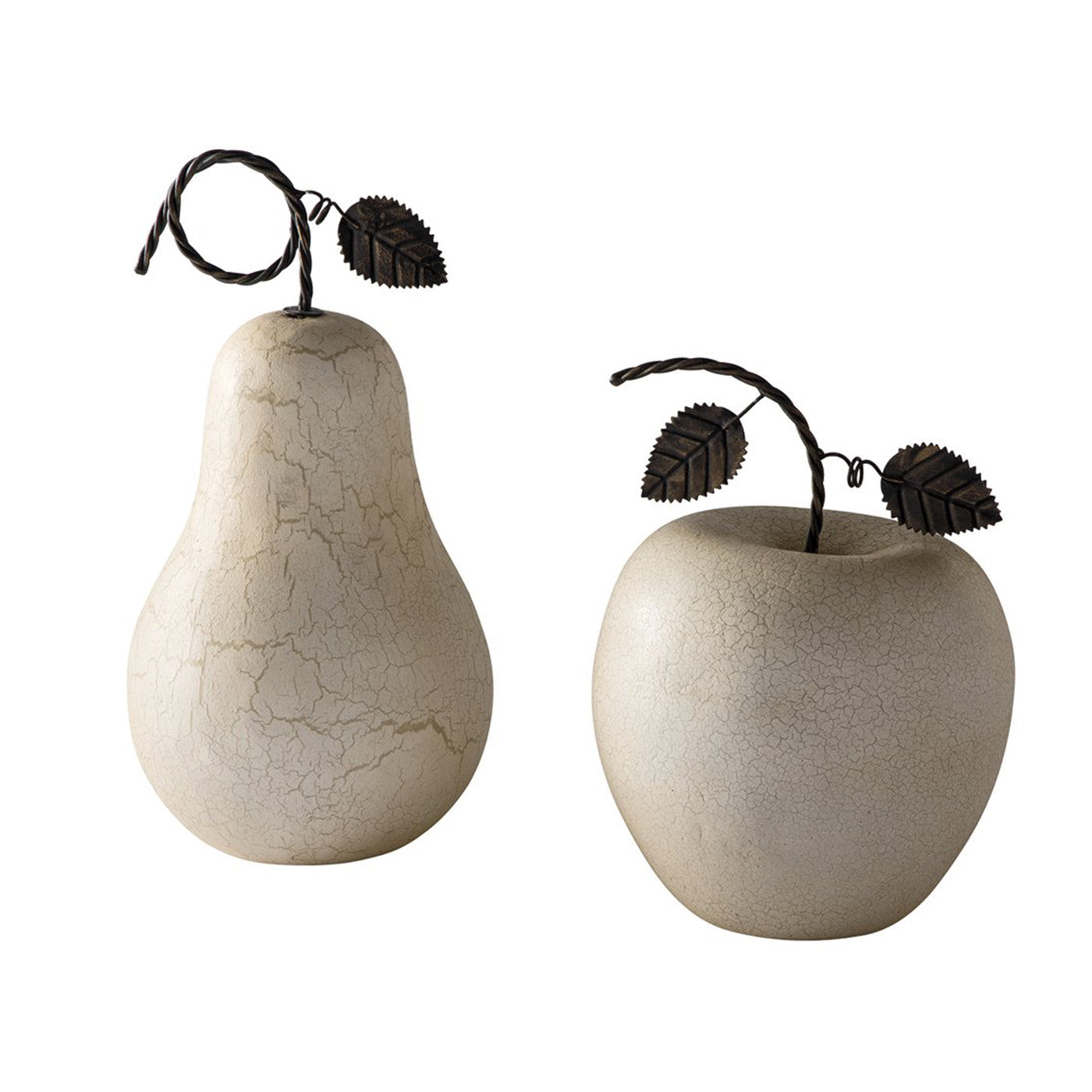 Set of 2 Antique White Crackle Apple and Pear Sculpture 10/14"H