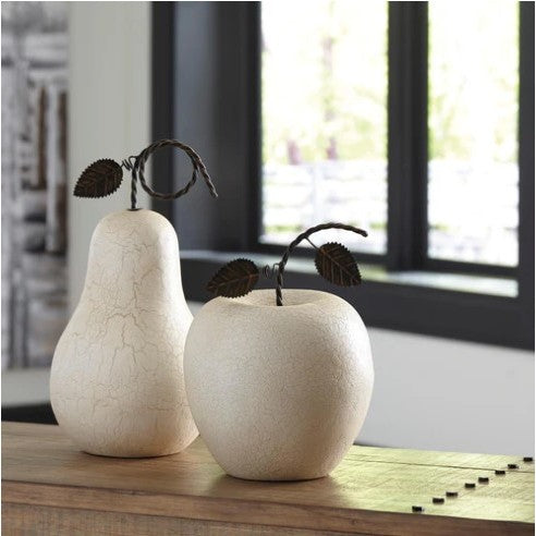 Set of 2 Antique White Crackle Apple and Pear Sculpture 10/14"H