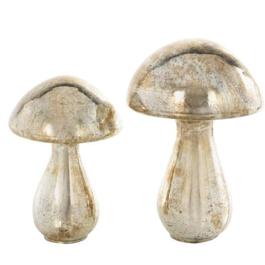 Set of 2 Mercury Glass Mushroom Sculptures 10"/12"H