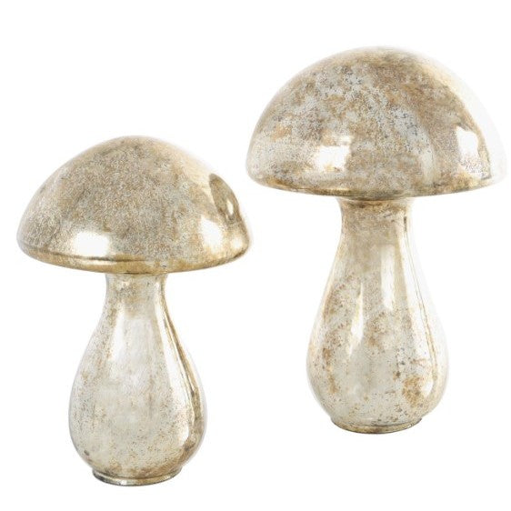 Set of 2 Mercury Glass Mushroom Sculptures 10"/12"H