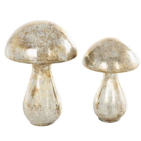 Set of 2 Mercury Glass Mushroom Sculptures 10"/12"H