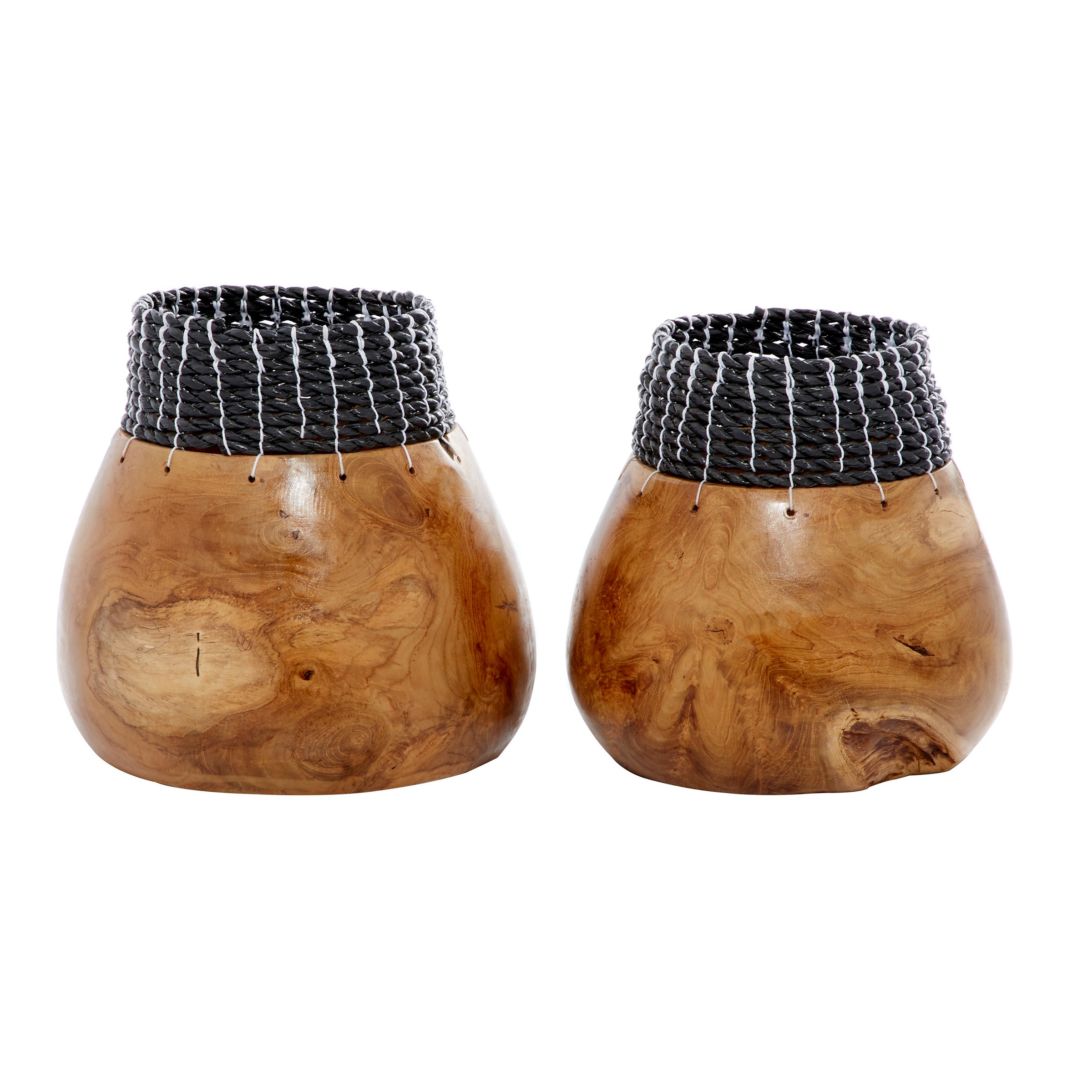 Set of 2 Teak and Seagrass Bowls 9/10"H