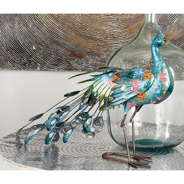 Turquoise Metal Peacock Sculpture 31"W x 20"H